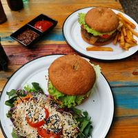 Burgers with integral bread and home made pattys at Planeta Veggie in La Paz