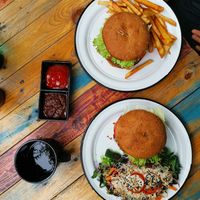 Dark sauce, next to ketchup, is also homemade at Planeta Veggie in La Paz