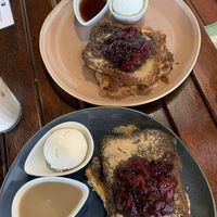 ‘Joseph’ french toast (one with maple syrup the other butterscotch), both with roasted plum  at Cinnamon & Co in West End