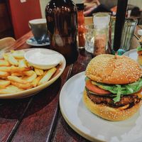 Lionel burger with large chips at Cinnamon & Co in West End