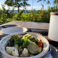 Roasted baby vegetable nabe - amazing soy, garlic, yuzu and scallion vegan broth.  at CanoeHouse in Waimea