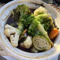 Roasted baby vegetable nabe - amazing soy, garlic, yuzu and scallion vegan broth.  at CanoeHouse in Waimea