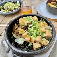 Tofu/Mushroom pot + hearts of palm pasta (left), roasted veggies   at CanoeHouse in Waimea