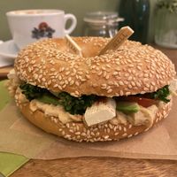 Avo tofu cherry tomatoes bagel  at Můj Bagel in Prague