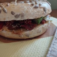 Grilled pepper bagel at Můj Bagel in Prague