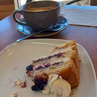 Lemon & blueberry cake with latte, almost forgot to take a pic haha at North Sea Observatory in Chapel St Leonards