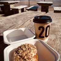 Hazelnut and chocolate pan au chocolate and coffee with oat milk   at North Sea Observatory in Chapel St Leonards