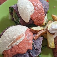 Falafel wrap ( Chica morada tortilla) with side potatoes with delicious sauce at Govinda Lila in Cusco