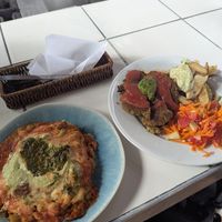 Lasagne and lentil burger at Govinda Lila in Cusco