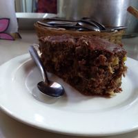 Choc and banana cake, still gooey from the oven!! at Govinda Lila in Cusco