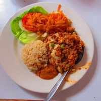 Lasagna with Rice and Salad at Govinda Lila in Cusco