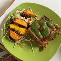 Salad and lasagna, so yum  at Govinda Lila in Cusco