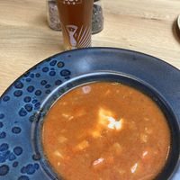 Goulash soup and small IPA beer  at Vegan Garden Budapest in Budapest