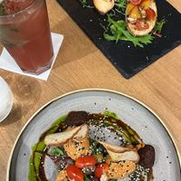 Starter 1: Sundried tomato hummus with green pea balls and pita bread. Starter 2: Bruschetta  at Vegan Garden Budapest in Budapest
