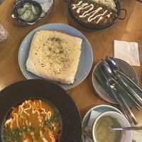 Goulash and mushroom dish, plus pizza bread and pickles    at Vegan Garden Budapest in Budapest