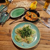 Homemade ravioli and pancakes in paprika sauce at Vegan Garden Budapest in Budapest