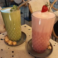 Pink Latte and Matcha Latte at Findelkind Café in Esslingen