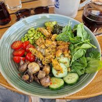 Vegan Bowl with vegan chicken, veggies and Couscous at OhJulia Killesberg in Stuttgart