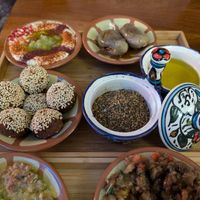 Falafel, hummus, makdous, za'atar and olive oil at Bistro Habibi in Prague