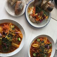Vegan lentils stew and hummus with bread  at Vintervikens Trädgårdskafé in Vinterviken