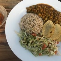 The main course and desert that came with the menu of the day at Govinda's in Santa Marta