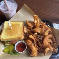 Vegan chicken burger with fries and strawberry shake   at Gnarlys - Swan Dive in Portland