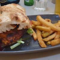 Vegan burger and chips at Axedale Tavern in Axedale