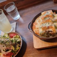 Tofu doria, salad, yuzu drink at Kiranah Spice in Kyoto