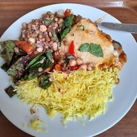 Vegan main course with rice and salad sides at Silk Road Cafe in Dublin