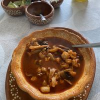 Sides for the tacos, posole, agua Fresca de piña   at 100% Vegana Taqueria in Puerto Vallarta