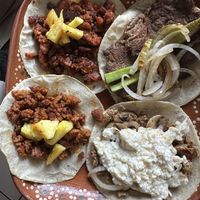 Al pastor (jackfruit/wheat), steak, and mushroom/cheese tacos 🌮   at 100% Vegana Taqueria in Puerto Vallarta