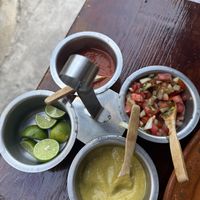 Salsas for the tacos  at 100% Vegana Taqueria in Puerto Vallarta