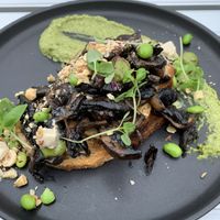 Mushroom Foraging - vegan option. Roasted mushrooms, vegan feta, spinach hummus, edamame and toasted hazelnuts on multigrain bread    at Phase Two in Balnarring