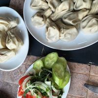 Mushroom and potato khinkali plus tomato and cucumber salad #Veganuary at El-Depo in Kutaisi