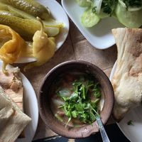 Lobio with pickled veggies, salad and bread  at El-Depo in Kutaisi