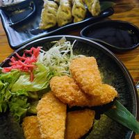 Pumpkin Koroke Katsu (delicious) and vegan gyoza at Taberu in Oxford