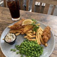 Vegan fish and chips   at The Lyme Bay Cafe and Bar in Lyme Regis