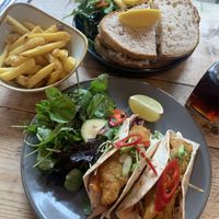 Vegan fish tacos and vegan fish sandwich on sourdough   at The Lyme Bay Cafe and Bar in Lyme Regis