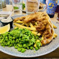 So so good banana blossoms and chips…great flavour Brooklyn alcohol free lager as well 🌟🌟🌟🌟🌟  at The Lyme Bay Cafe and Bar in Lyme Regis