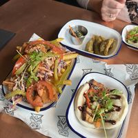 Vegetable gyoza with hoisin dip. Marinated bao bun. Fried jackfruit loaded friess  at The Owl in Hartlepool