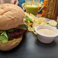 House made vegan burger with cashew cheese at Mahalo Snack Shack in Panama City