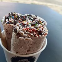 Hazelnut and cherry ice cream with Chocolate and Strawberry Sauce + Sprinkles at Delabuu Ice Cream in Berlin