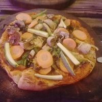 Vegan pizza (really bad light for pictures; it tasted wonderful!) at Casa Vittoria in Campeche