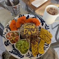 Local breakfast and chai latte at Varuna Plant-Based Food & Juice Bar in Manuel Antonio