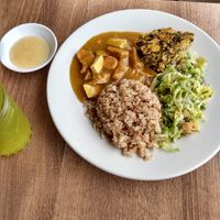 Mock meat, salad, rice, veggie souffle at Zucchini in Tunja
