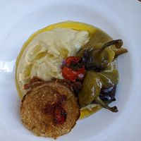 Mashed Beans, grilled peppers, tomato and onion. at Raparossa  in Pezze Di Greco