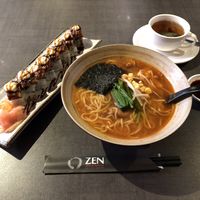 Spicy ramen and unagi sushi - great combination at Herbivore Japanese Vegetarian Restaurant in Central Singapore
