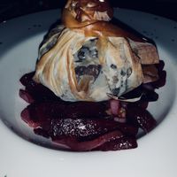 Parcel with morel mushroom and potato on beetroot  at Bellaverde in Mallorca