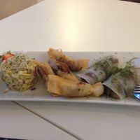 Sundried tomato and nut filo parcels, Avo/Apple/Onion stack, dill and tomato wraps.  at Bellaverde in Mallorca