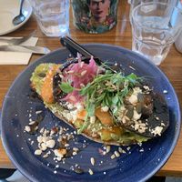 Smashed avocado on sourdough toast with hash browns, mushrooms and vegan feta at No 33 in Norwich